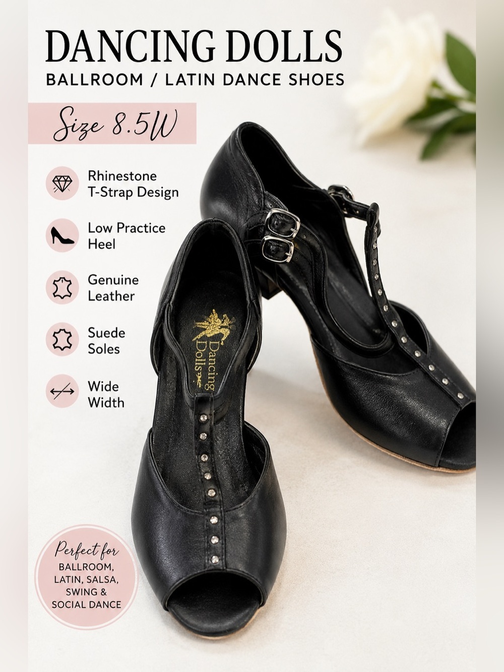 Dancing Dolls Black Leather Ballroom Latin Dance Shoes T-Strap Rhinestone 8.5W